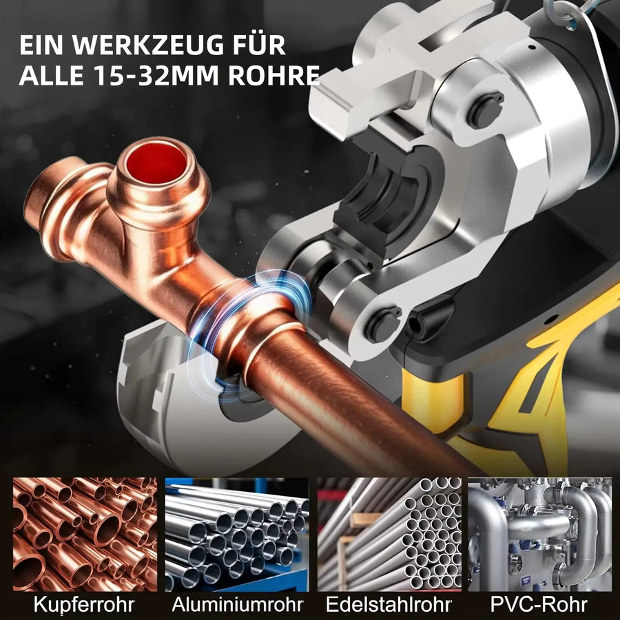 SWANSOFT 18V Akku-Rohrpresswerkzeug-Set in Schwarz mit 12 Pressköpfen für V/U/TH-Profile zur Verarbeitung von Kupfer und Edelstahl - Bild 2