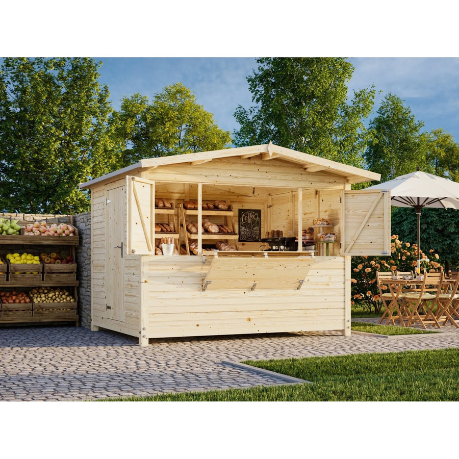 Palmako Marktstand Marian aus Fichtenholz in Braun mit PVC-Plane und Satteldach, B/T/H: 328 x 284 x 245 cm - Bild 2