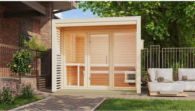 Karibu Saunahaus Rolous 3 aus Fichte in Naturbelassen/Braun mit 9 kW Ofen und externer Steuerung - Bild 1