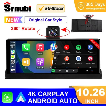 Srnubi 4K Auto Dashcam mit 10,26 Zoll Display, Carplay und Android Auto, Dual Lens Fahrrekorder mit 360 Grad Rotation, WIFI und Bluetooth, Schwarz
