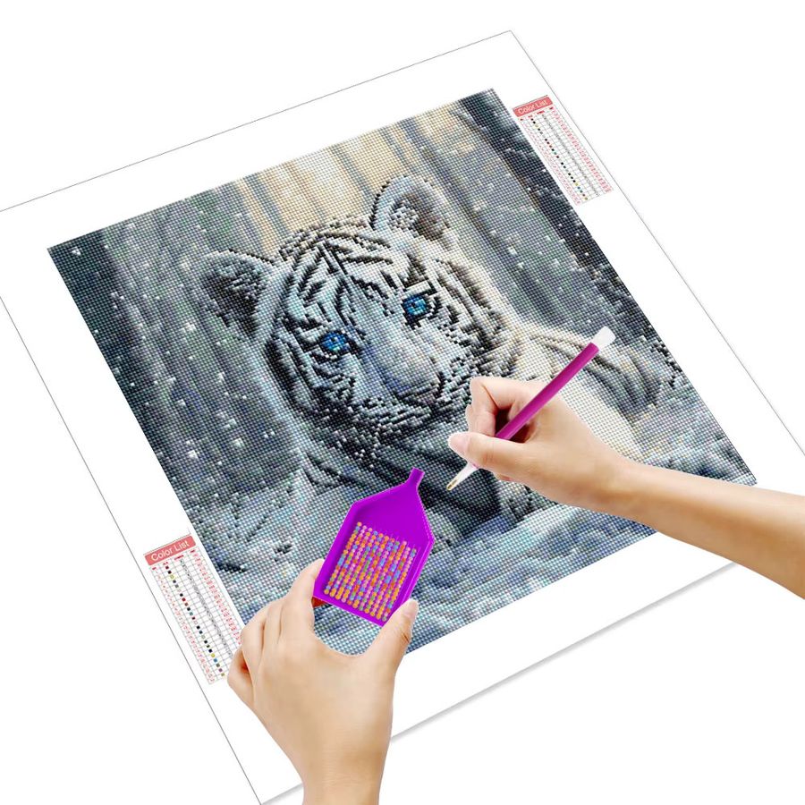 HUACAN 5D Diamant-Malerei Set mit weißem Tiger in Winterszene auf Leinwand, Full Round Strass-Kunst für deine Heimdekoration, Farbe: Weiß - Bild 2