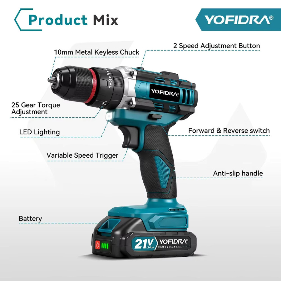 YOFIDRA 3in1 Akku Schlagbohrmaschine mit 25+3 Drehmomentstufen, kompatibel mit Makita 18V LXT Akkus - Bild 2