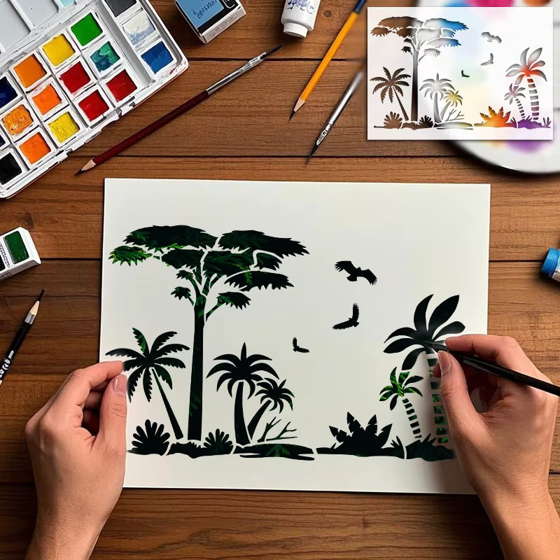 YOMDID Tropische Dschungel Landschaft Malerei Schablone aus transparentem Kunststoff für DIY Graffiti und Airbrush Dekoration mit Baum- und Blumenmuster - Bild 2
