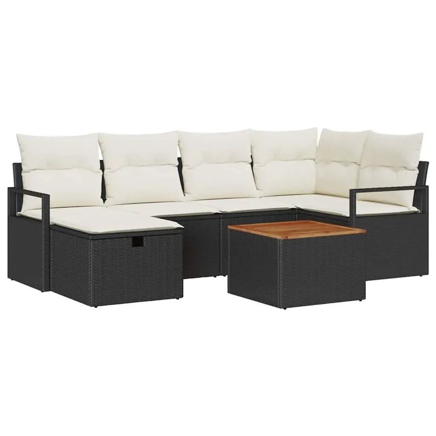vidaXL Garten-Sofa-Set aus Polyrattan in Schwarz, 7-teiliges L-Shape Lounge-Set mit Kissen und Ottomane für Terrasse und Garten - Bild 2