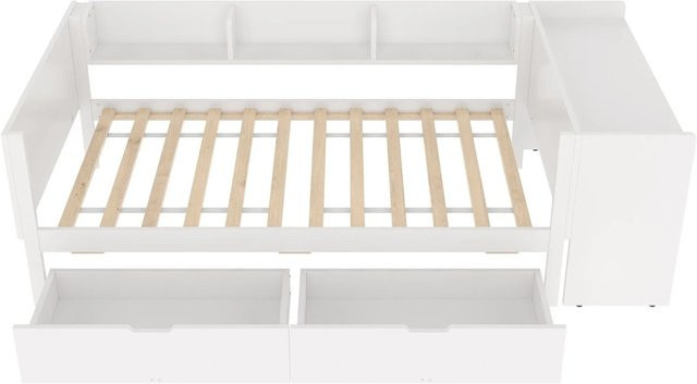 KOMHTOM Flachbett Einzelbett aus Kiefernholz und Spanplatte mit Schreibtisch, 2 Schubladen und Regalen, Weiß, B/T/H: 90 x 200 cm - Bild 1