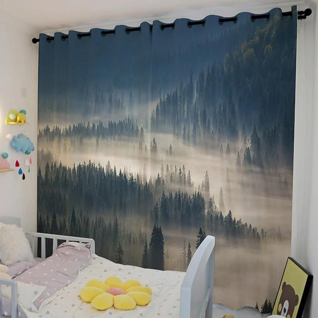Yiran Furniture Verdunkelungsvorhang Nordische Landschaft Wald in Grün und Gelb mit Ösen, B 55 cm x H 120 cm - Bild 1
