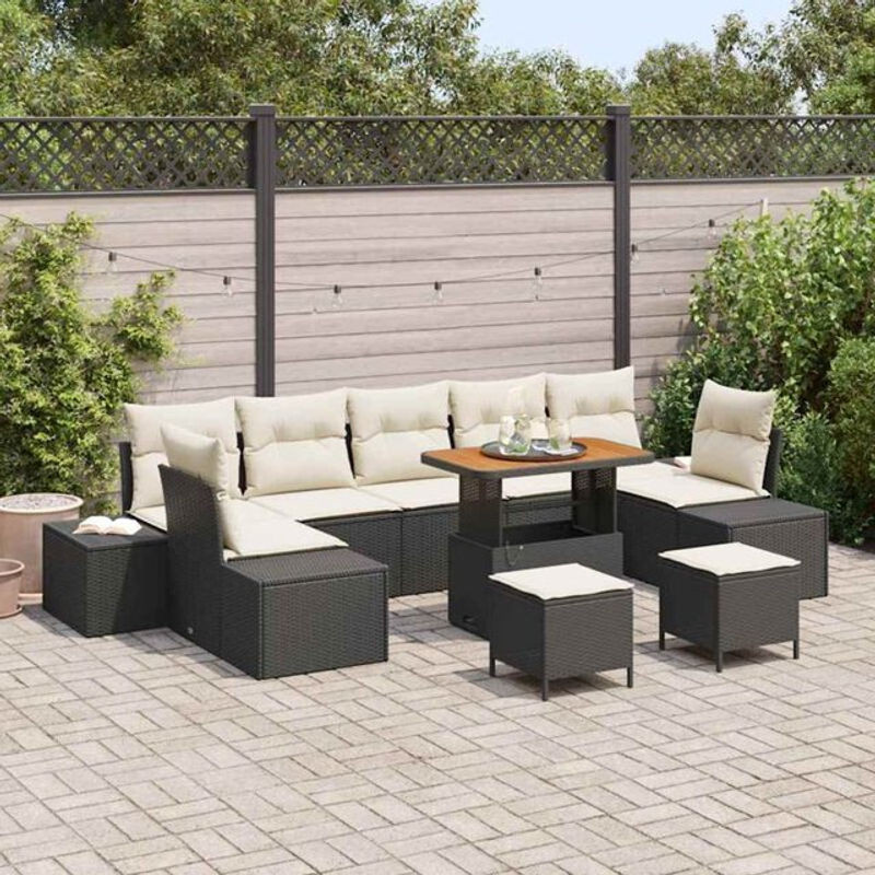 Vidaxl Garten-Sofa-Set aus Polyrattan mit 10 Teilen, Schwarz und Creme, Modernes Loungemöbel-Set mit Fußhocker, B/T/H: 90 x 55 x 71 cm - Bild 1