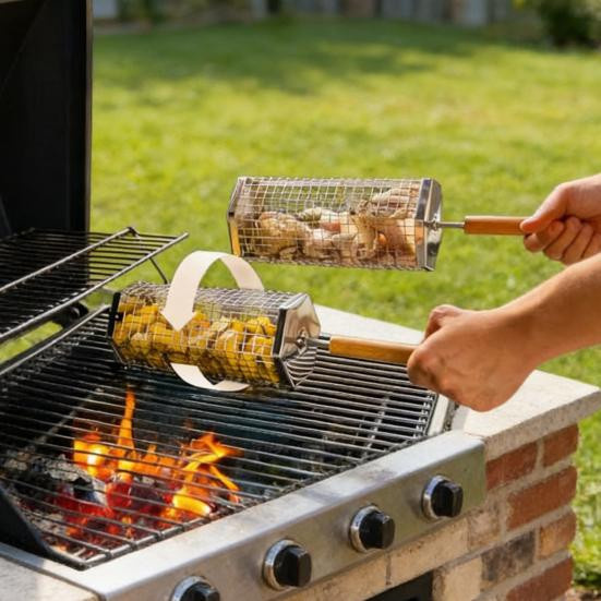 VividHive Edelstahl-Roll-Grillkorb mit Holzgriff in Silber, drehbarer Grillkäfig für Camping und Picknick - Bild 3