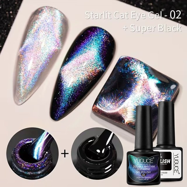 YUGUCE Starlit Cat Eye Gel - 02 + Super Black Nagellack-Set, schimmernd - Bild 1