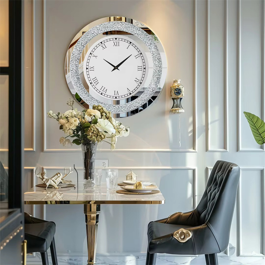 Luvodi Wanduhr in Silber und Beige mit runden Diamant-Kristallen und Glaselementen - Bild 2