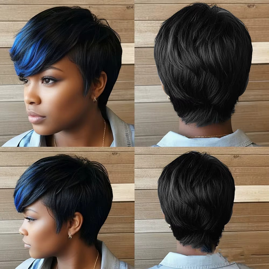 OYM HAIR Kurzhaar-Perücke, blaue Ombre-Pixie, Echthaar, 180 % Dichte, Damen - Bild 2