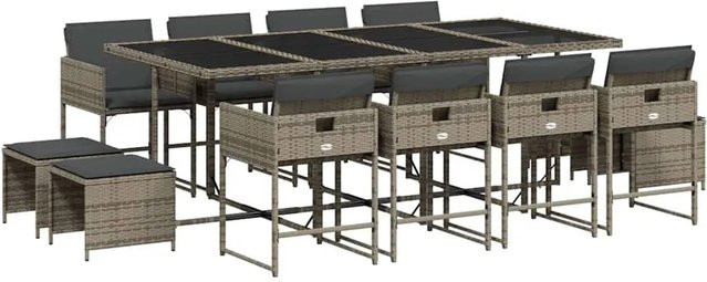 vidaXL 13-teilige Garten-Essgruppe aus Poly-Rattan in Grau mit Kissen und Hartglasplatte - Bild 1