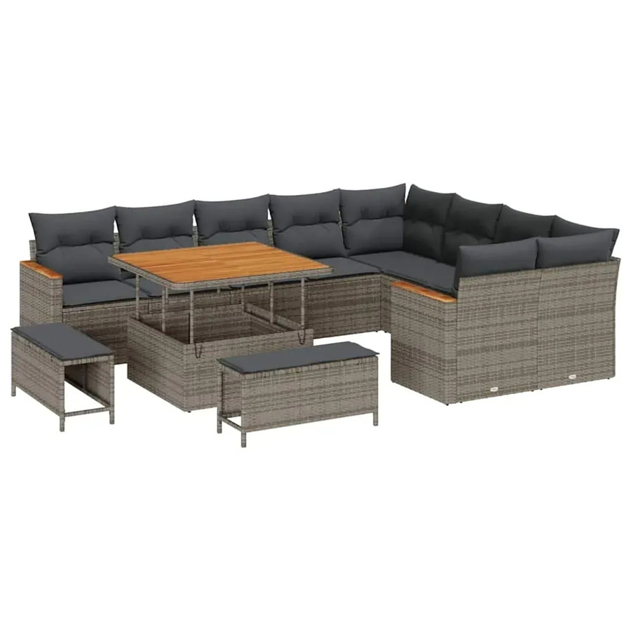 vidaXL Garten-Sofa-Set aus Polyrattan in Grau, 12-teiliges L-Shape Lounge-Set mit Kissen, Ottomane und Couchtisch für Garten, Terrasse oder Balkon - Bild 2