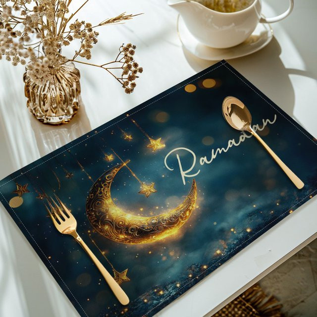 Suige Home Ramadan Moon Tischset aus Leinen, rechteckig, Blau, maschinenwaschbar - Bild 1