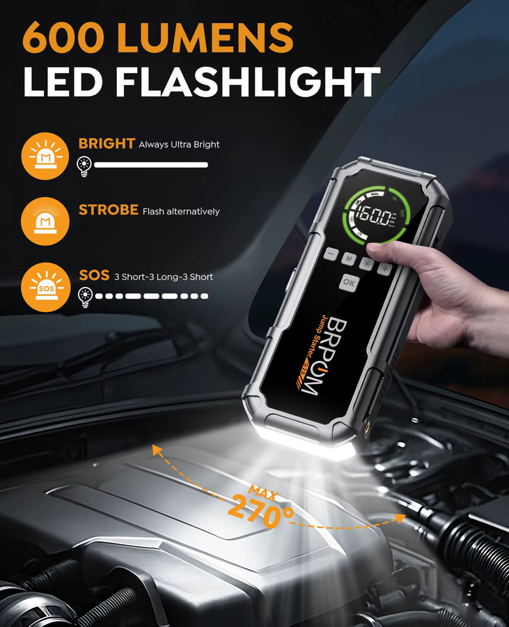 BSMOOM 1500A PEAK Auto-Notstartgerät mit 150PSI Aufpumpfunktion, Multifunktions-Autobatterie-Booster in Schwarz mit LED-Licht, USB-C Ladefunktion und LCD-Digitalanzeige - Bild 3