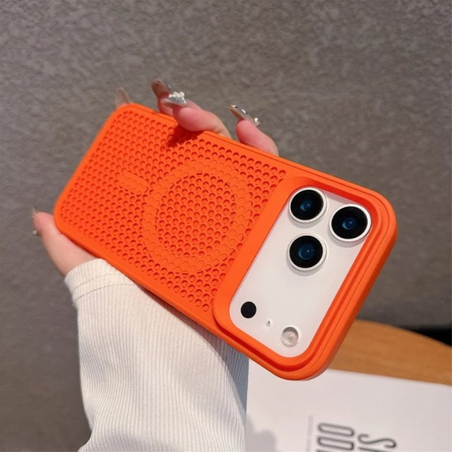 EIENACOCO Magnetische MagSafe Handyhülle mit wabenförmiger Wärmeableitung für iPhone 12 bis iPhone 17 Pro Max in Orange - Bild 1