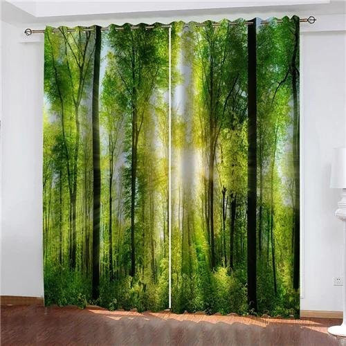 Verdunklungsvorhänge von Yiran Furniture mit grünem Wald-Baummuster für Schlafzimmer und Wohnzimmer, Breite: 55 cm, Höhe: 120 cm - Bild 1