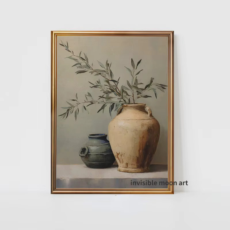 Potdemiel Vintage Stillleben Leinwandbild mit Olivenzweigen und Gläsern in Mehrfarben - Bild 2