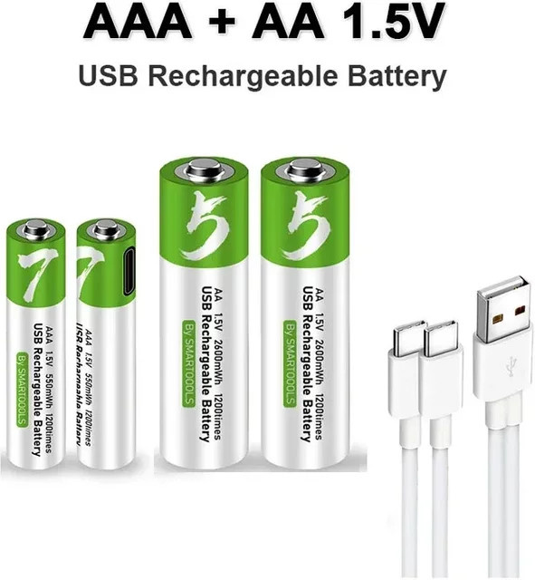 YTBNA USB wiederaufladbare Li-Ionen-Akkus AA 1,5V 2600mWh und AAA 1,5V 750mWh Set mit USB-C Kabel in Multicolor und Grün - Bild 1