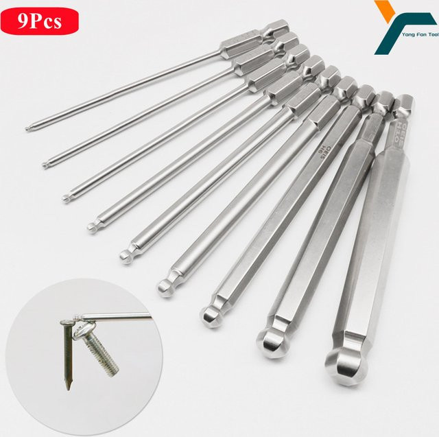 9er Set magnetische Sechskant-Schraubendreher-Bits mit Kugelkopf, 1/4 Zoll Sechskantschaft, Farbe Silber, Größen H10 bis H1,5, Längen 50 mm und 75 mm - Bild 1