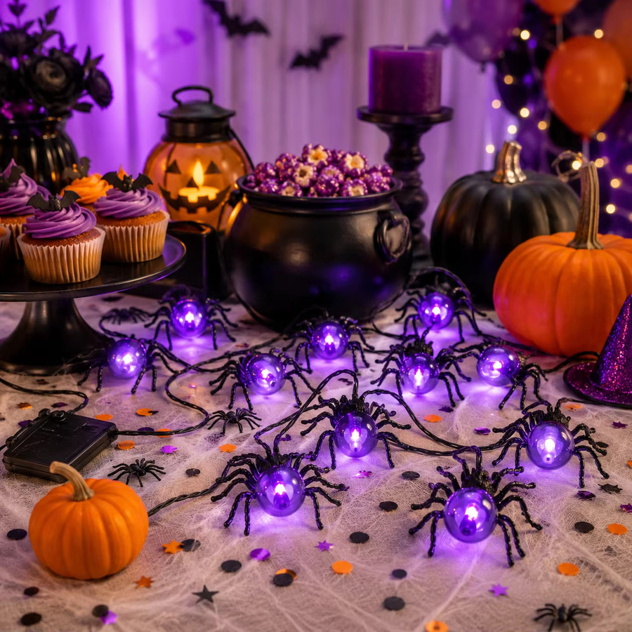 Batteriebetriebene Halloween-Lichterkette mit Spinnengirlande und 15 LEDs in Lila, 5,2 m Länge - Bild 2