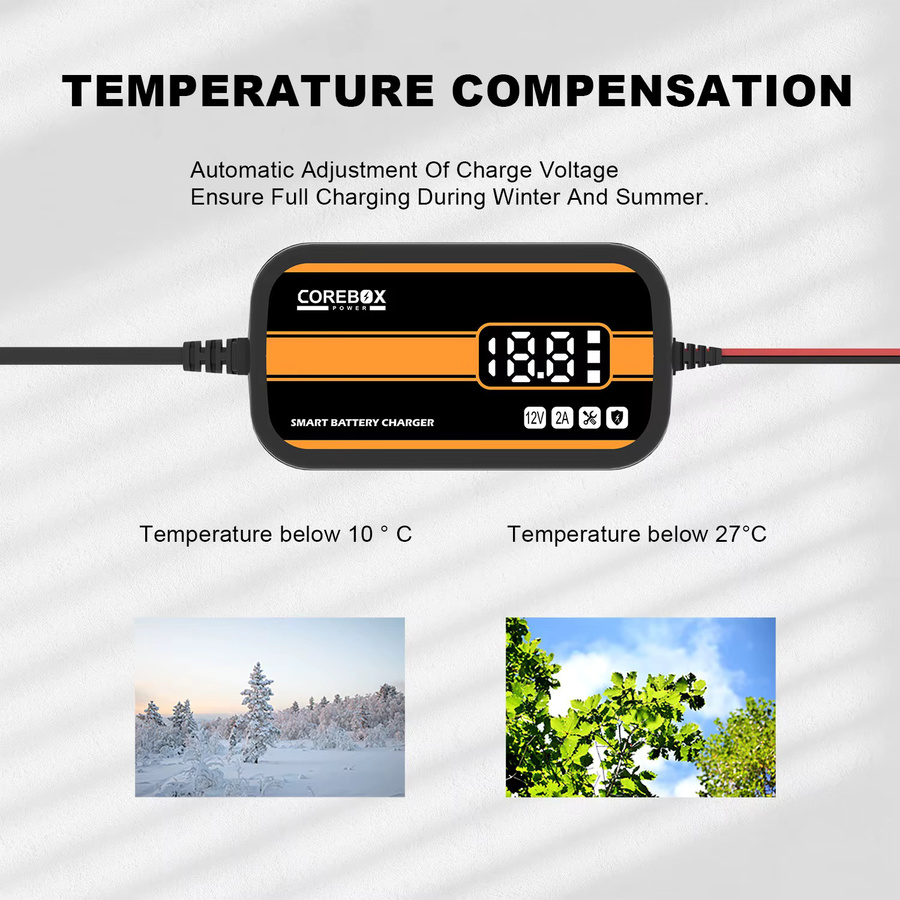 Intelligentes 12 V Batterieladegerät mit LCD-Display für Auto, Motorrad, Wohnmobil, ATV und Boot, passend für Blei-Säure, AGM und Gel Batterien, 2 A, Schwarz-Orange - Bild 4