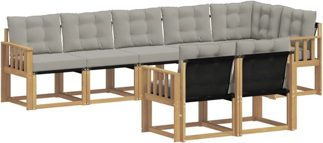 vidaXL Outdoor-Sofagarnitur 8-tlg. in L-Form aus Akazienholz mit Textilene und Kissen, Weiß-hellgrau - Bild 1