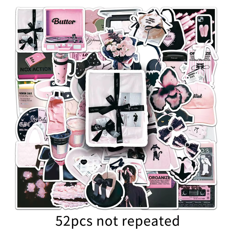 52 Stück Aufkleber im INS-Stil von AnimeWorlds Store in Schwarz und Rosa zur Dekoration von Notizbüchern und Gepäck - Bild 5
