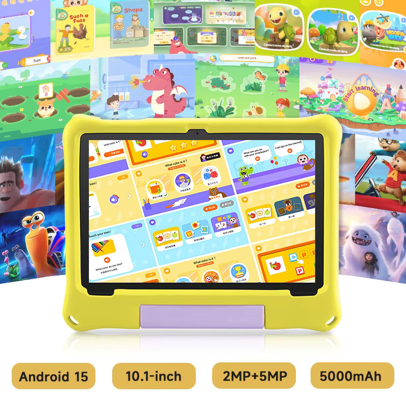 Paitanry Kinder-Tablet mit Android 15, 10,1 Zoll HD Display, 8GB RAM, 64GB ROM, 1TB erweiterbar, WiFi6, 2MP+5MP Kamera, Gelb - Bild 3