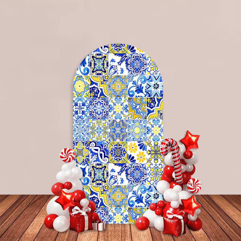 AIBIIN Hintergrundabdeckung für Bogen-Deko mit Fliesen-Design in Blau und Gelb für Hochzeit, Geburtstag oder Babyparty, B/H: 120 x 50 cm - Bild 2