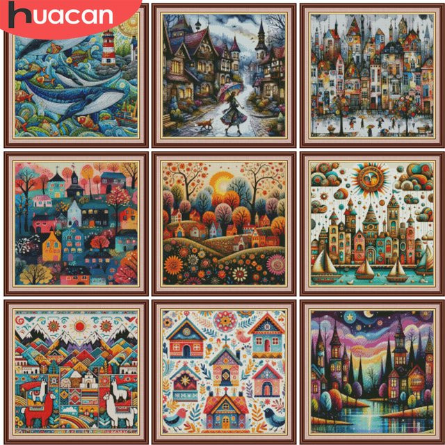 HUACAN Kreuzstich-Set Hauslandschaft mit Stadtbaum und DMC-Garn, bedruckte Leinwand zur Wanddekoration, Multicolor, B/H: 30 x 30 cm - Bild 1