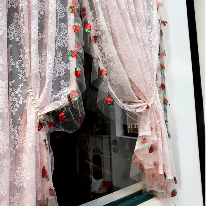 WPKIRA Spitzenvorhang Rosa mit Erdbeer-Pailletten und floralem Design für Wohnzimmer und Schlafzimmer B: 120 cm, H: 100 cm - Bild 3