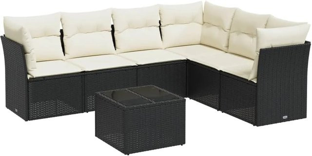 vidaXL 7-tlg Garten-Sofagarnitur aus Poly-Rattan mit Kissen in Schwarz und Cremeweiß - Bild 1