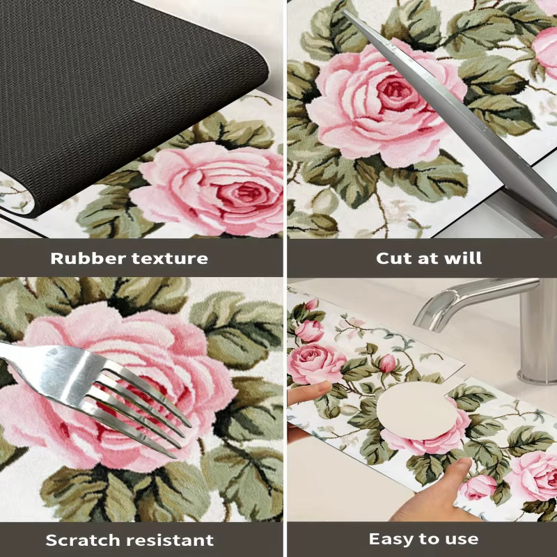 VIKAMA Spülbeckenmatte im Vintage Rosen-Design in Rosa, Abtropfmatte für die Küchenarmatur im französischen Landhausstil - Bild 5