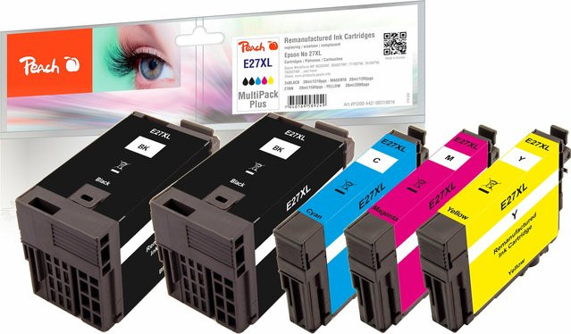 Peach E27 XL Druckerpatronen Set für Canon Pixma MG 7750 und TS 5050, 5er Pack (2x Schwarz, Cyan, Magenta, Gelb), ersetzt Canon T2716 und No. 27XL, wiederaufbereitet - Bild 1