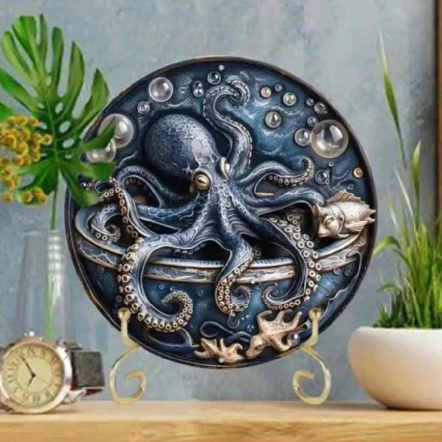 Vintage Oktopus Wandkunst aus Aluminium von CIFBUY, runde Metall-Wanddekoration für dein Zuhause und Büro, Durchmesser: 20 cm - Bild 2