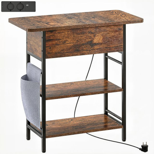 HOMCOM Beistelltisch mit Steckdosenleiste und USB-Anschlüssen, 2 Ebenen, Rustikal Braun, B/T/H: 60 x 29,8 x 58,5 cm - Bild 1
