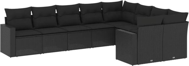vidaXL 9-tlg. Garten-Sofagarnitur in L-Form aus Polyrattan mit Kissen in Schwarz - Bild 1