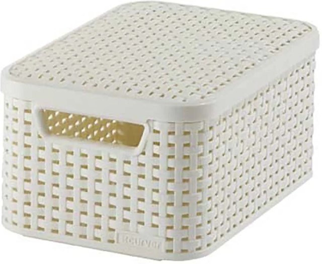 Curver Style Aufbewahrungsboxen 3er Set mit Deckel in Creme mit Rattan-Struktur, H: 14,2 cm, T: 19,8 cm - Bild 1