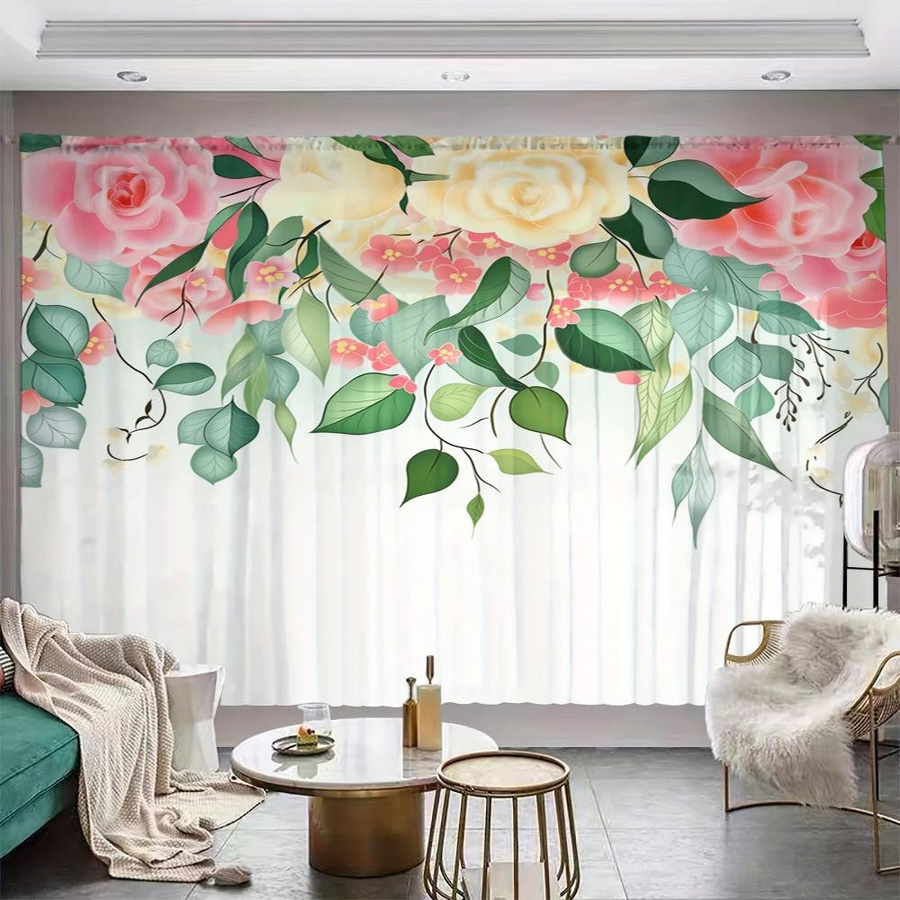 2er-Set Yiran Furniture Halbtransparente Voile-Vorhänge mit Blumendruck, Mehrfarbig, Höhe: 160 cm, Breite: 100 cm - Bild 1