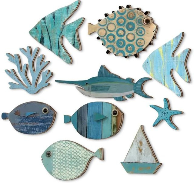 10er Set Holzfisch Wanddeko in Grau und Blau für maritimes Strandthema und nautische Heimdekoration - Bild 1