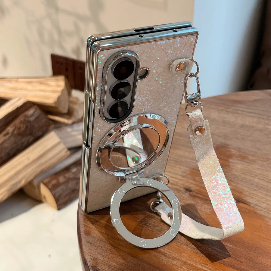 Silberne Glänzende Puder-Kompaktspiegel Handyhülle mit Magnet und Trageriemen für Samsung Z Fold 7/6/5/4/3 - Bild 2