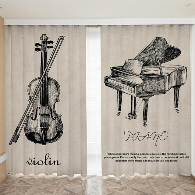 2er-Set Yiran Furniture Maßvorhang mit Musiknoten-Design, Beige, halbtransparent, B: 100 cm, H: 130 cm - Bild 1