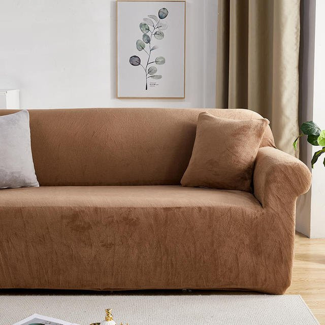 Dehnbare Samt-Sofahülle für L-Form Ecksofas in Kamelfarben, elastischer Überwurf aus weichem Stoff, Größe S (90-140 cm) - Bild 1