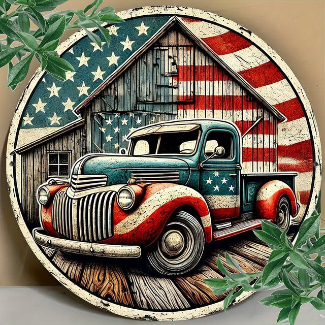 Potdemiel Rundes Metallschild Vintage Blue Truck mit amerikanischer Flagge, Durchmesser: 20,32 cm, Blau - Bild 1