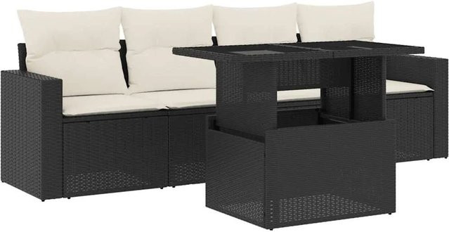 vidaXL 5-teilige Garten-Sofagarnitur aus Poly-Rattan in Schwarz mit cremeweißen Kissen und pulverbeschichtetem Stahlgestell - Bild 1