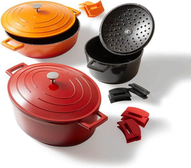 STONELINE Cocotte Bräter Set 3-teilig mit Deckeln aus Aluminium, Schwarz und Rot, Antihaftbeschichtung - Bild 1