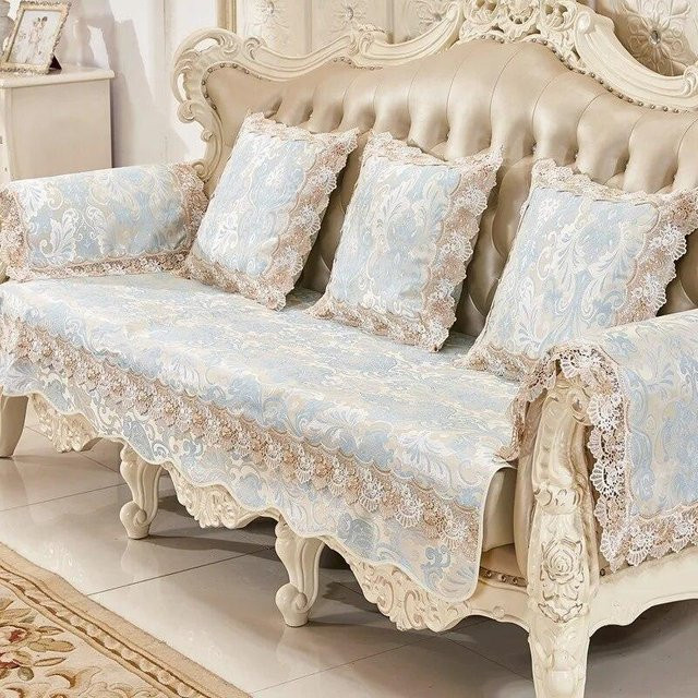 Universelle Jacquard-Sofahülle mit floralem Muster in Blau, Armlehnenbezug für das Wohnzimmer, B/T: 50 x 60 cm - Bild 1