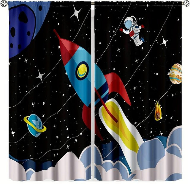 2er-Set Galaxy Vorhänge mit Raketen und Astronauten Motiv in Blau, halbtransparent, B: 150 cm, H: 166 cm - Bild 1