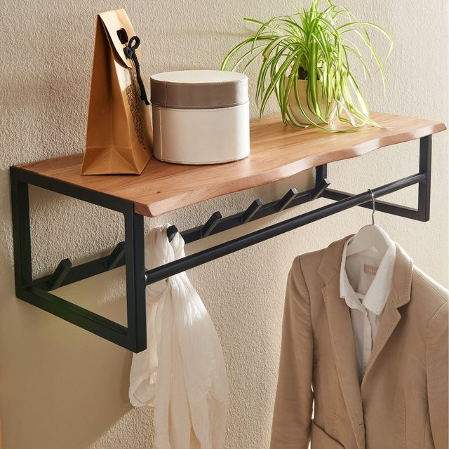 FineBuy Wandgarderobe aus Holz und Metall in Braun mit Ablage und Hakenleiste, Breite: 80 cm, Höhe: 33 cm, Tiefe: 22 cm - Bild 1